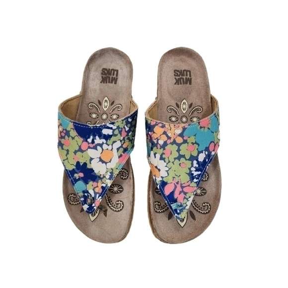 Muk Luks Cork Wedge Floral Sandals, Blue/Aqua Green,US Women's 7.5 - Picture 6 of 9